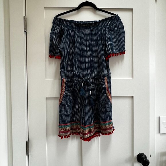 THML Anthropologie Blue Pom Pom Romper W/Embroidery & Pockets size: xs - Picture 5 of 8
